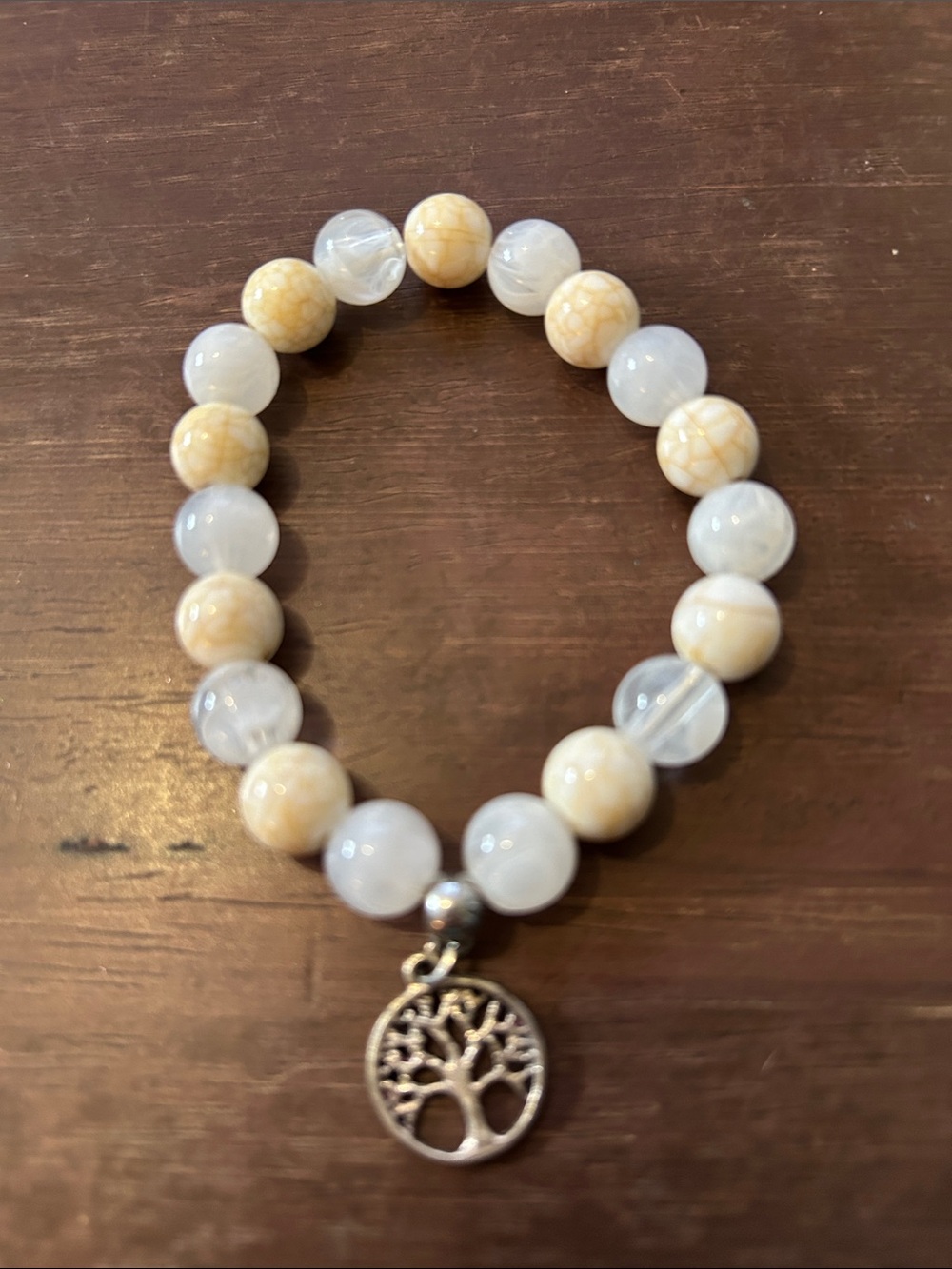 Neutral Cream & White Beaded Stretch Bracelet with Tree of Life Charm